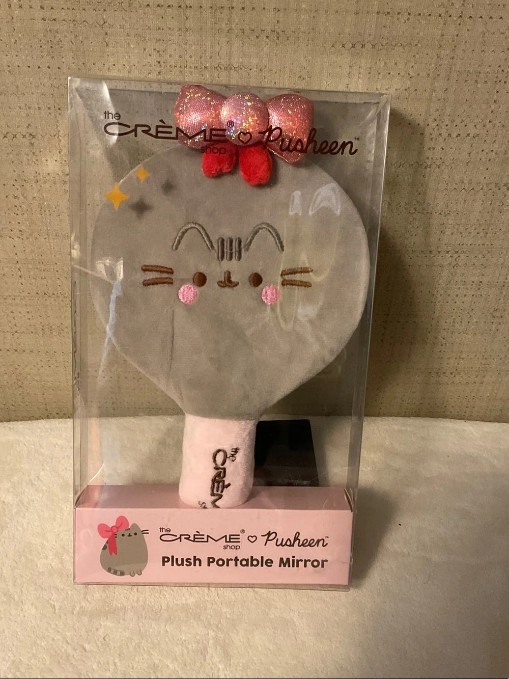 Pusheen Plush Portable Mirror - Gray with Pink Glitter Bow